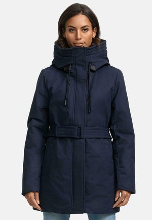 Navy blue insulated parka with high collar, cinched waist, drawstring hood, and side pockets. Fabric has a smooth, matte finish.