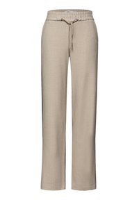 Pantalones de punto texturizados beige con cinturilla elástica, cordón ajustable y piernas rectas, mostrados sobre un fondo blanco.