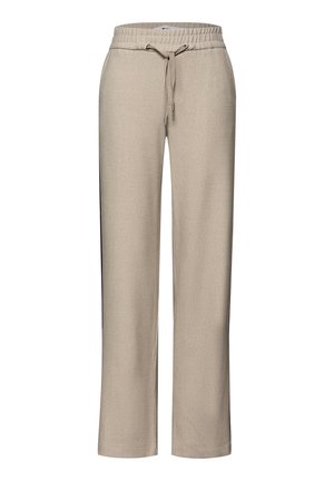Pantalon tricoté beige texturé avec taille élastique, cordon de serrage ajustable et jambes droites, présenté sur fond blanc.