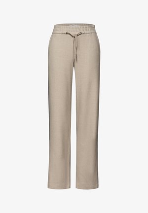 Beige strukturierte Strickhose mit elastischem Bund, verstellbarem Kordelzug und geraden Beinen, auf weißem Hintergrund abgebildet.