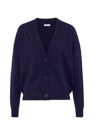 Dunkelmarineblaue langärmlige Strickjacke mit V-Ausschnitt, geripptem Saum und drei vorderen Knöpfen, etikettiert mit Lascana.