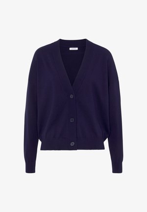 Dunkelmarineblaue langärmlige Strickjacke mit V-Ausschnitt, geripptem Saum und drei vorderen Knöpfen, etikettiert mit Lascana.