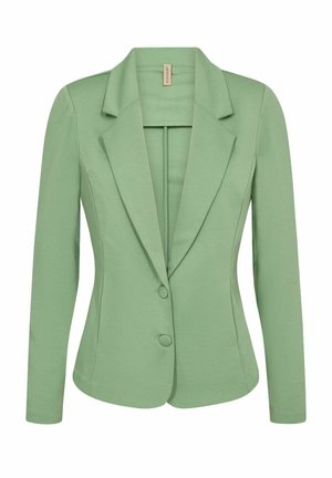 Blazer ajusté vert avec un col cranté, deux boutons, manches longues et une texture douce. Convient pour des occasions formelles.