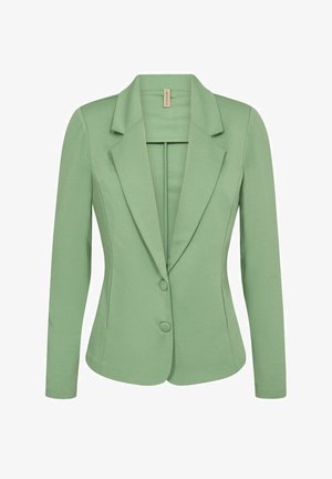 Blazer ajusté vert avec un col cranté, deux boutons, manches longues et une texture douce. Convient pour des occasions formelles.