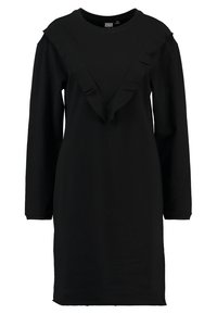 Schwarzes Kleid aus weichem Stoff, mit langen Ärmeln, rundem Ausschnitt und einem dekorativen Rüschendetail entlang des V-förmigen Ausschnitts.