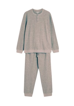Grauer Baumwollpullover mit langen Ärmeln und knöpfbarem Henley-Ausschnitt, kombiniert mit passenden Sweatpants mit elastischen Bündchen und elastischem Bund.