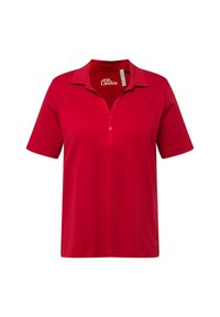 Rode polo-shirt van zacht materiaal, met een knoopsluiting en korte mouwen. Bevat een platte kraag en een klein logo op de zoom.