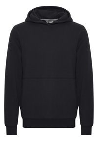 Sudadera con capucha negra, hecha de tela suave, que presenta un corte relajado, bolsillo tipo canguro en la parte delantera y puños y dobladillo de canalé. Color uniforme, sin patrones.
