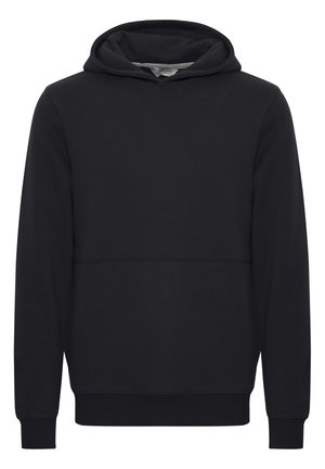 Svart hettegenser laget av mykt stoff, med en avslappet passform, frontlomme med kengurofag, og ribbestrikkede ermer og nederkant. Ensfarget, uten mønstre.