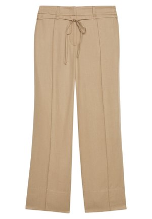 Beige Weite-Hosen mit Kordelzugbund, Gürtelschlaufen und Bügelfalten vorne, flach auf einem weißen Hintergrund liegend.