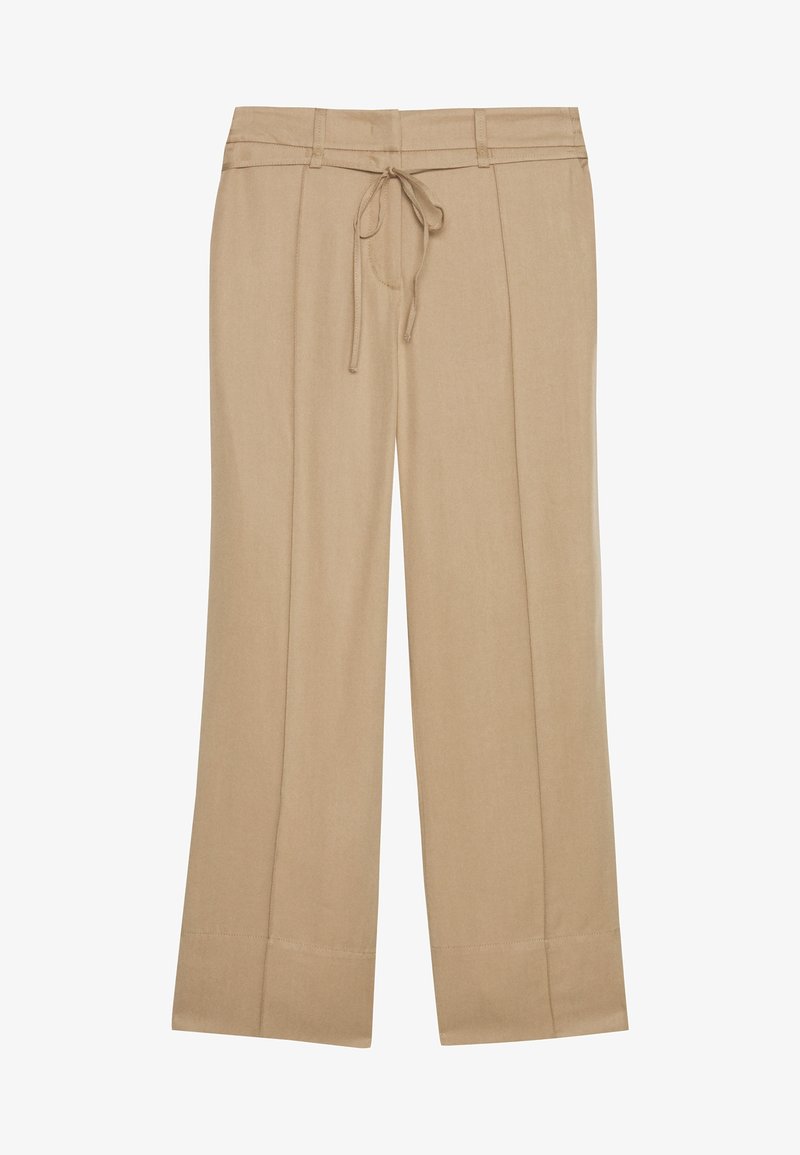 Pantalon beige à jambes larges avec taille à cordon, passants pour ceinture et plis avant, présenté à plat sur un fond blanc.