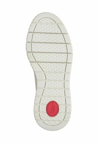 Suola di scarpa in gomma bianca con motivi triangolari testurizzati, scanalature orizzontali e un accento circolare rosso etichettato "comfort". Misura 37 indicata.