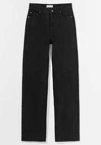 Svarta denimjeans med hög midja och vida ben. Har fem fickor och kontrasterande sömmar. Materialet har en slät yta.