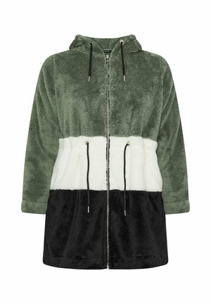 Chaqueta de forro polar con cierre, que presenta un diseño de bloques de color verde, blanco y negro, con capucha y cordones para un ajuste ajustable.