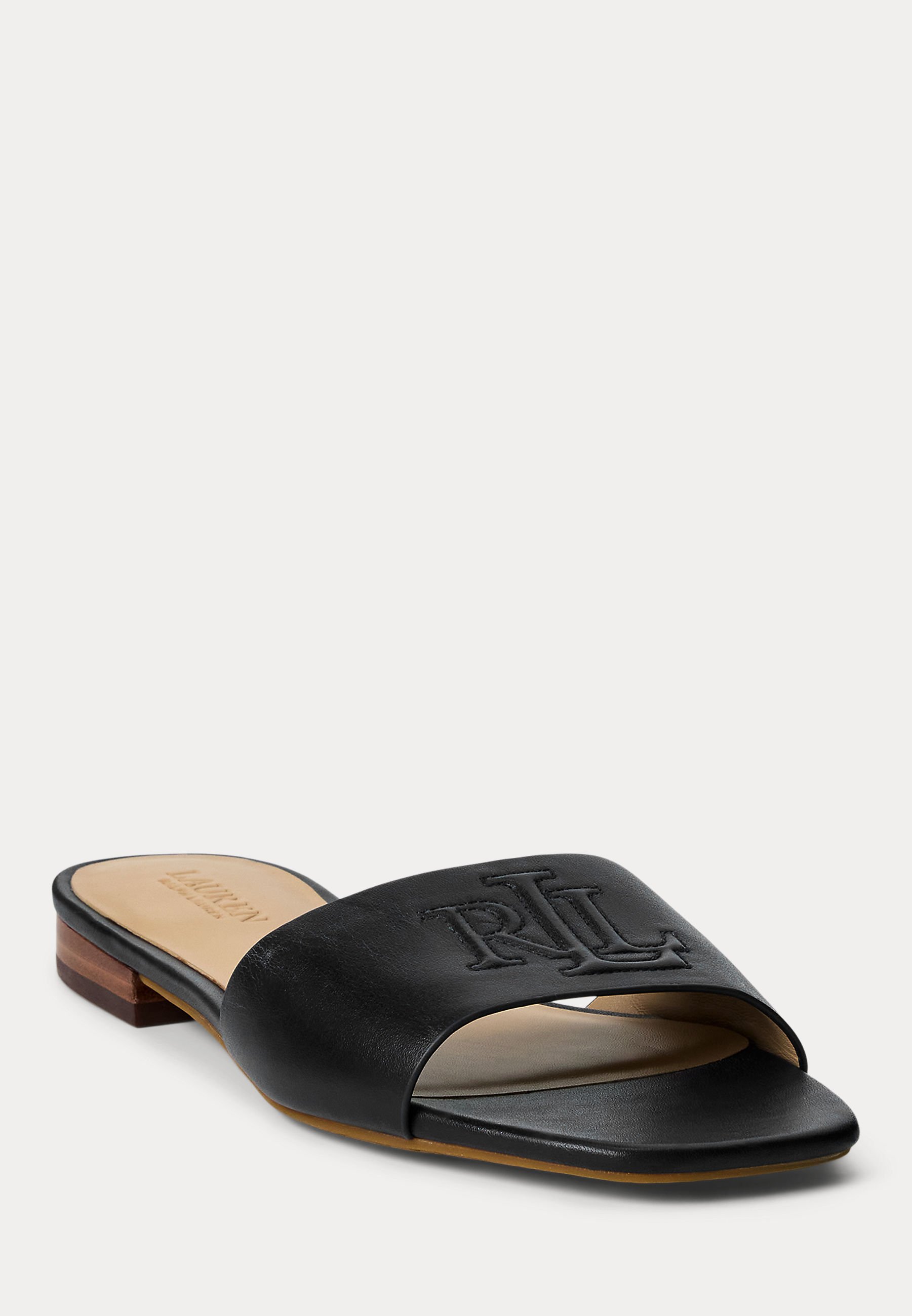 送関込☆LAUREN RALPH LAUREN EVERLEY CALFSKIN SLIDE SANDAL Lauren Ralph Lauren Everley Leather Logo Slide Sandals