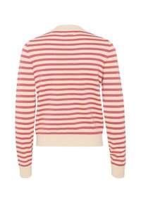 Pull à manches longues à rayures horizontales crème et rose, avec poignets, ourlet et col côtelés, vu de dos sur fond blanc.