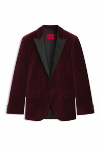 Samtburgunder Blazer mit schwarzen Satin-Revers, einer Knopfleiste vorne und drei Knöpfen an den Ärmeln; verfügt über zwei Fronttaschen und ein gefüttertes Innenfutter.