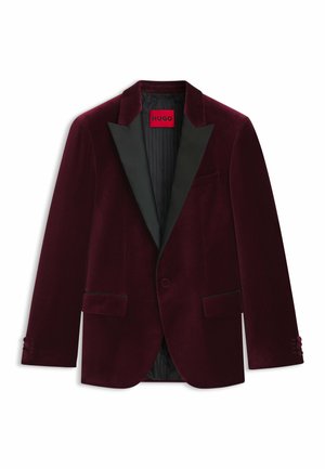 Velvet burgundy blazer with black satin lapels, single-button front, and three-button cuffs; features two front pockets and a lined interior.