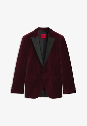 Velvet burgundy blazer with black satin lapels, single-button front, and three-button cuffs; features two front pockets and a lined interior.
