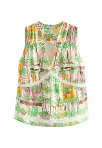 Blouse sans manches à motifs floraux en blanc, avec des nuances de vert, de rose et d'orange. Design à ouverture en clé à l'avant avec des détails en dentelle.