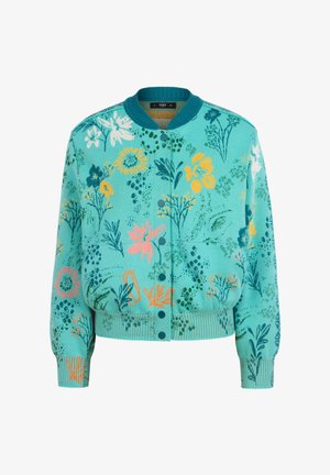 Teiselise lilleprindiga bomberjakk, millel on kudumisstruktuur, ribalaiuse varrukad ja alläär, ning nööbid roosa, kollase ja rohelise aktsendiga.