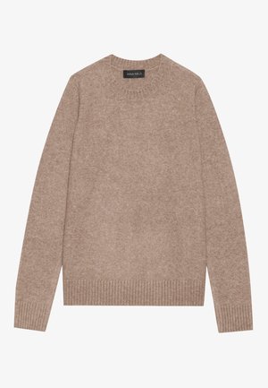 Suéter marrón claro con cuello redondo, hecho de una tela suave, con puños y dobladillo acanalados. Diseño simple con una apariencia texturizada.