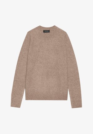 Suéter marrón claro con cuello redondo, hecho de una tela suave, con puños y dobladillo acanalados. Diseño simple con una apariencia texturizada.