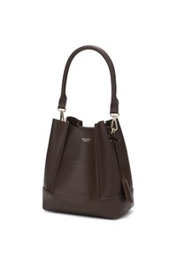 Sac seau en cuir marron foncé avec une poignée supérieure unique, des ferrures dorées, une poche avant et un logo de marque discret "Carlheln Copenhagen".