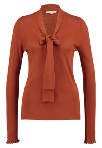 Rostfarbener Langarmpullover mit einem Bindeband am Ausschnitt, gerippten Bündchen und gewelltem Saum, aus weichem, dehnbarem Material.
