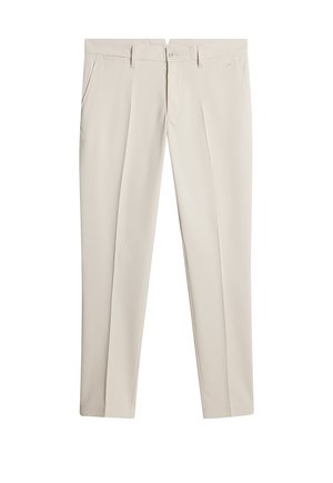 Beige Hosen mit geradem Schnitt, zwei vorderen Taschen, einem Knopfverschluss und einer subtilen Textur.