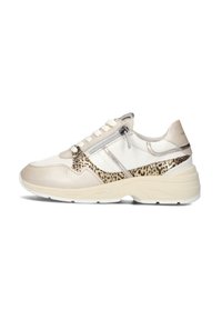 Sneakers met een getextureerde tan en crèmekleurige leren bovenkant, dierenprintaccenten, vetersluiting en een ritssluiting aan de zijkant voor gemakkelijke toegang.