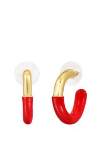 Piros és arany falitartók lekerekített élekkel, átlátszó tapadókorongokkal és fényes felülettel. A dizájn játékos, ívelt formákat mutat.