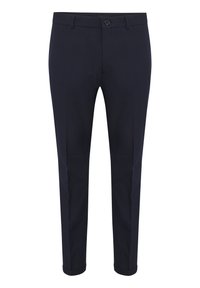 Marinblå chinos i slitstark tyg med rak passform, med knappstängning och uppvikta muddar. Slät yta utan synliga mönster.