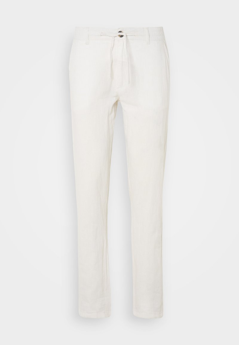 Pantalones de lino blancos con cintura ajustable, diseño de pierna recta y textura sutil. Sin bolsillos visibles ni patrones.