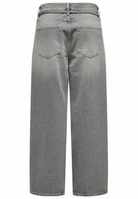 Culottes en denim gris avec une coupe ample, comportant deux poches arrière et un design épuré, sans embellissement. Le tissu a une texture lisse.