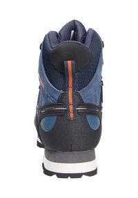 Scarponi da trekking con tomaia blu, dettagli neri, suola in gomma, materiale testurizzato e evidenziature arancioni sul tallone e sul retro.