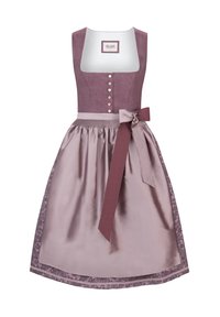 Linen and satin dirndl dress in mauve with a fitted bodice, buttons, and a flowing skirt. Features a decorative lace trim and fabric bow.