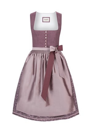 Leinen- und Satin-Dirndlkleid in Mauve mit tailliertem Oberteil, Knöpfen und einem fließenden Rock. Verfügt über eine dekorative Spitzenborte und eine Stoffschleife.