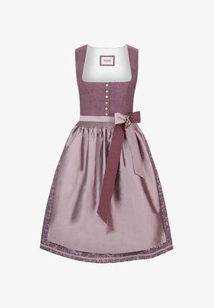 Leinen- und Satin-Dirndlkleid in Mauve mit tailliertem Oberteil, Knöpfen und einem fließenden Rock. Verfügt über eine dekorative Spitzenborte und eine Stoffschleife.