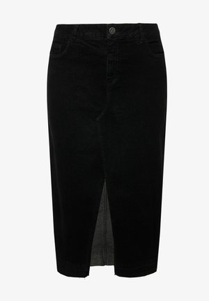 Sort denim blyantskørt med frontslids, fem-lomme design, knaplukning og kontrasterende syninger. Glat tekstur, mellemlangt fit.