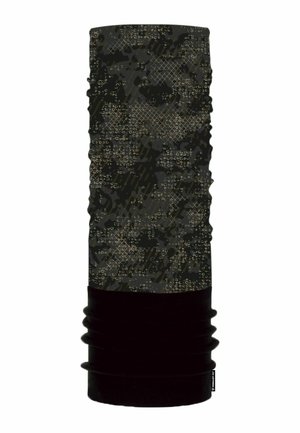 Multifunktionales Nacken-Accessoire im dunklen Camouflage-Muster mit strukturiertem schwarzen Grund. Hergestellt aus dehnbarem, atmungsaktivem Stoff.