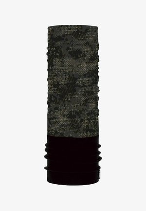 Multifunktionales Nacken-Accessoire im dunklen Camouflage-Muster mit strukturiertem schwarzen Grund. Hergestellt aus dehnbarem, atmungsaktivem Stoff.