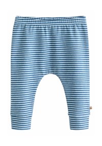 Blauwe en witte horizontaal gestreepte babyleggingen met een elastische tailleband en cuffs bij de enkels op een witte achtergrond.