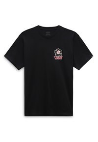Camiseta de algodón negra de manga corta, con un diseño floral en blanco y rosa que incluye el texto "VANS" en el lado izquierdo del pecho.