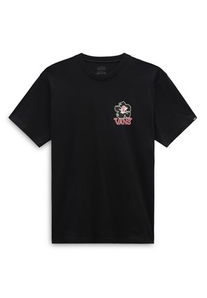 Camiseta de algodón negra de manga corta, con un diseño floral en blanco y rosa que incluye el texto "VANS" en el lado izquierdo del pecho.