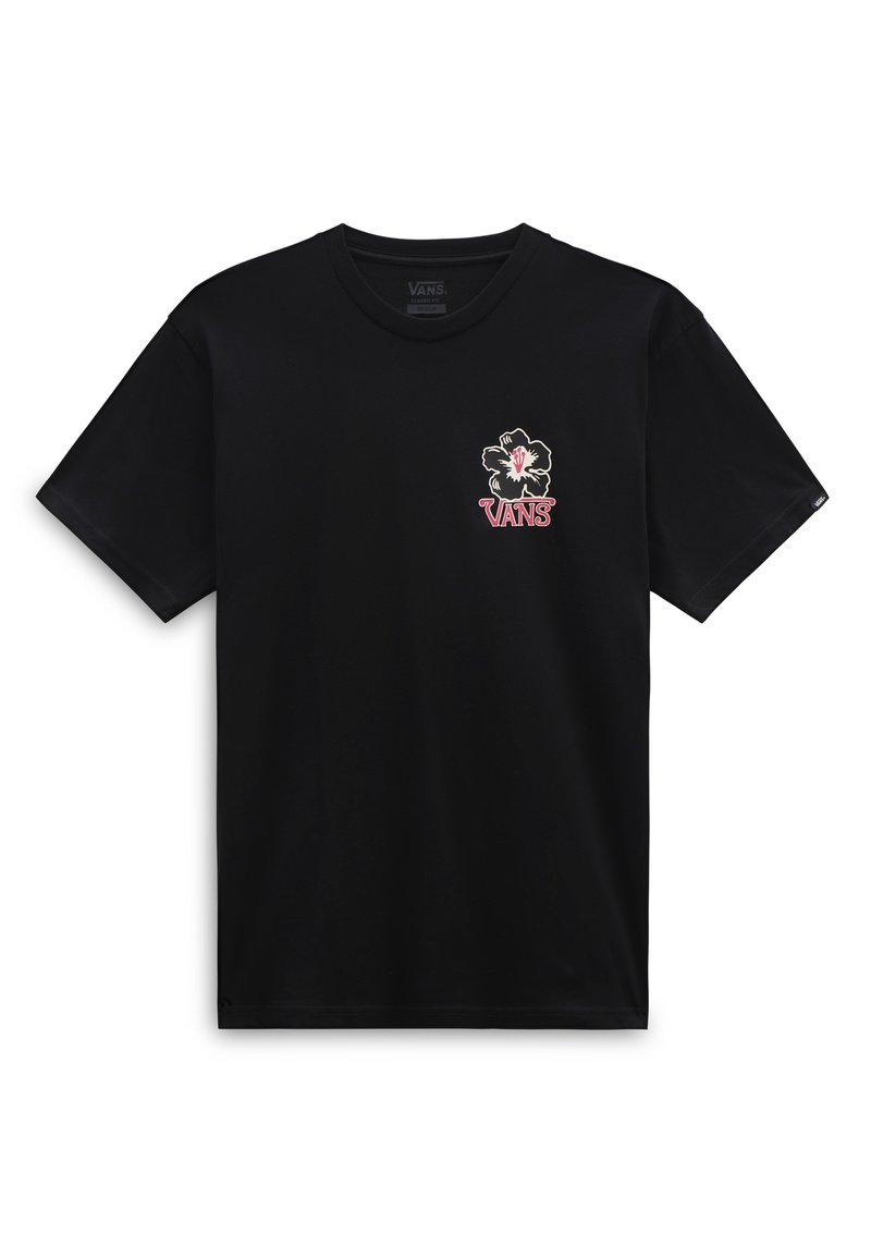 Camiseta de algodón negra de manga corta, con un diseño floral en blanco y rosa que incluye el texto "VANS" en el lado izquierdo del pecho.