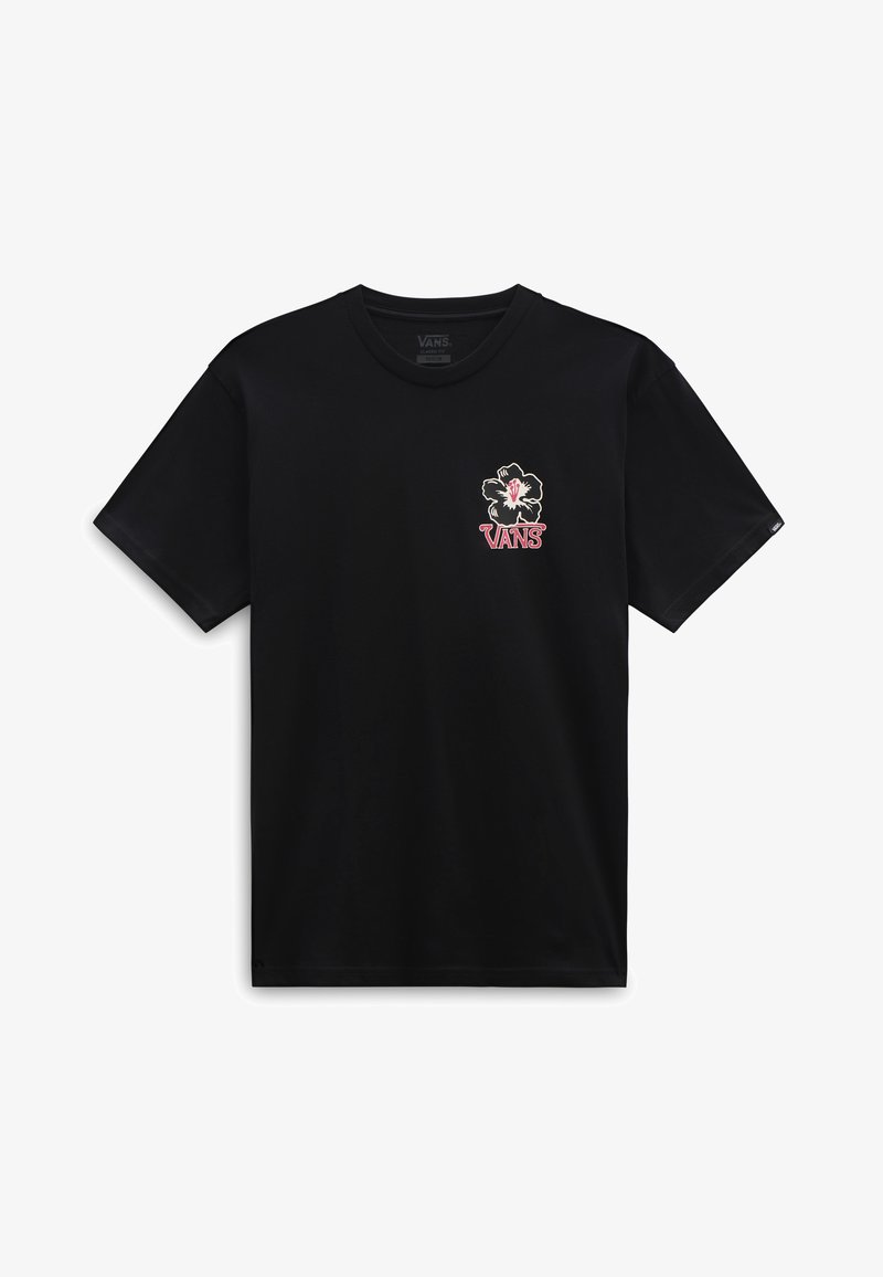 Camiseta de algodón negra de manga corta, con un diseño floral en blanco y rosa que incluye el texto "VANS" en el lado izquierdo del pecho.