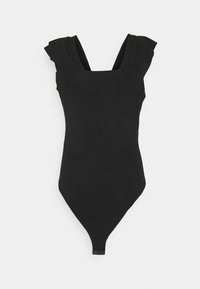 Svart baddräkt med fyrkantig halsringning, volangdetaljer vid axlarna och en minimalistisk design. Har en djup rygg och stringtrosor.