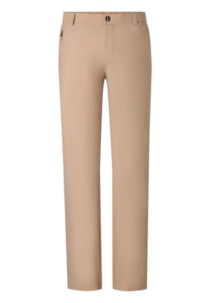 Beżowe spodnie o prostych nogawkach z szlufkami na pasek, przednim guzikiem, zamkiem błyskawicznym i zamykaną kieszenią po prawej stronie.