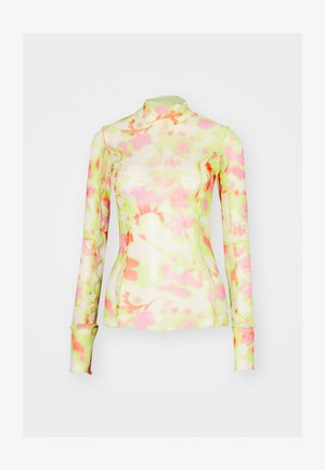 Langærmet top i gennemsigtigt, strækbart stof med et pastelblomstermønster i pink og grønne nuancer. Høj krave og tætsiddende pasform.